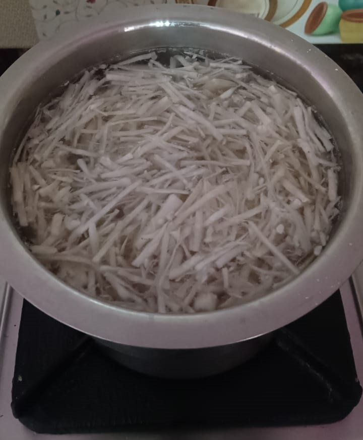 Shredded Bamboo Shoots Being Boiled in a Pan